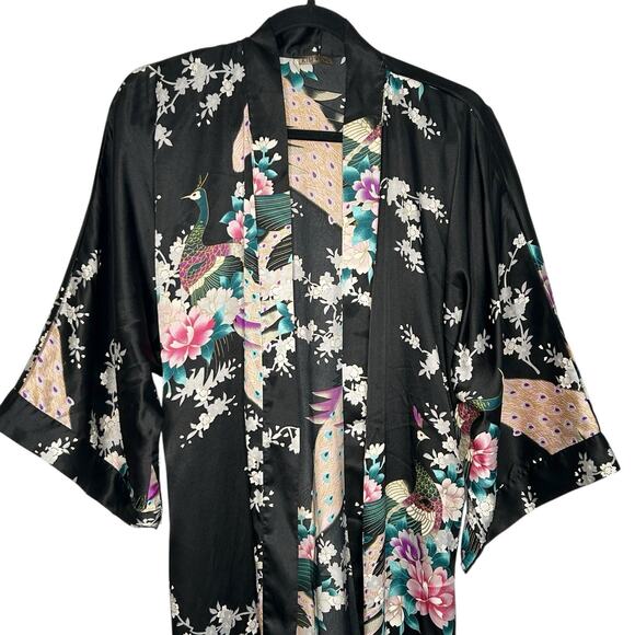 Kim + Ono Kimono Silky Maxi Robe Womens Floral Exotic Peacock Leisure Loungewear - Picture 12 of 16